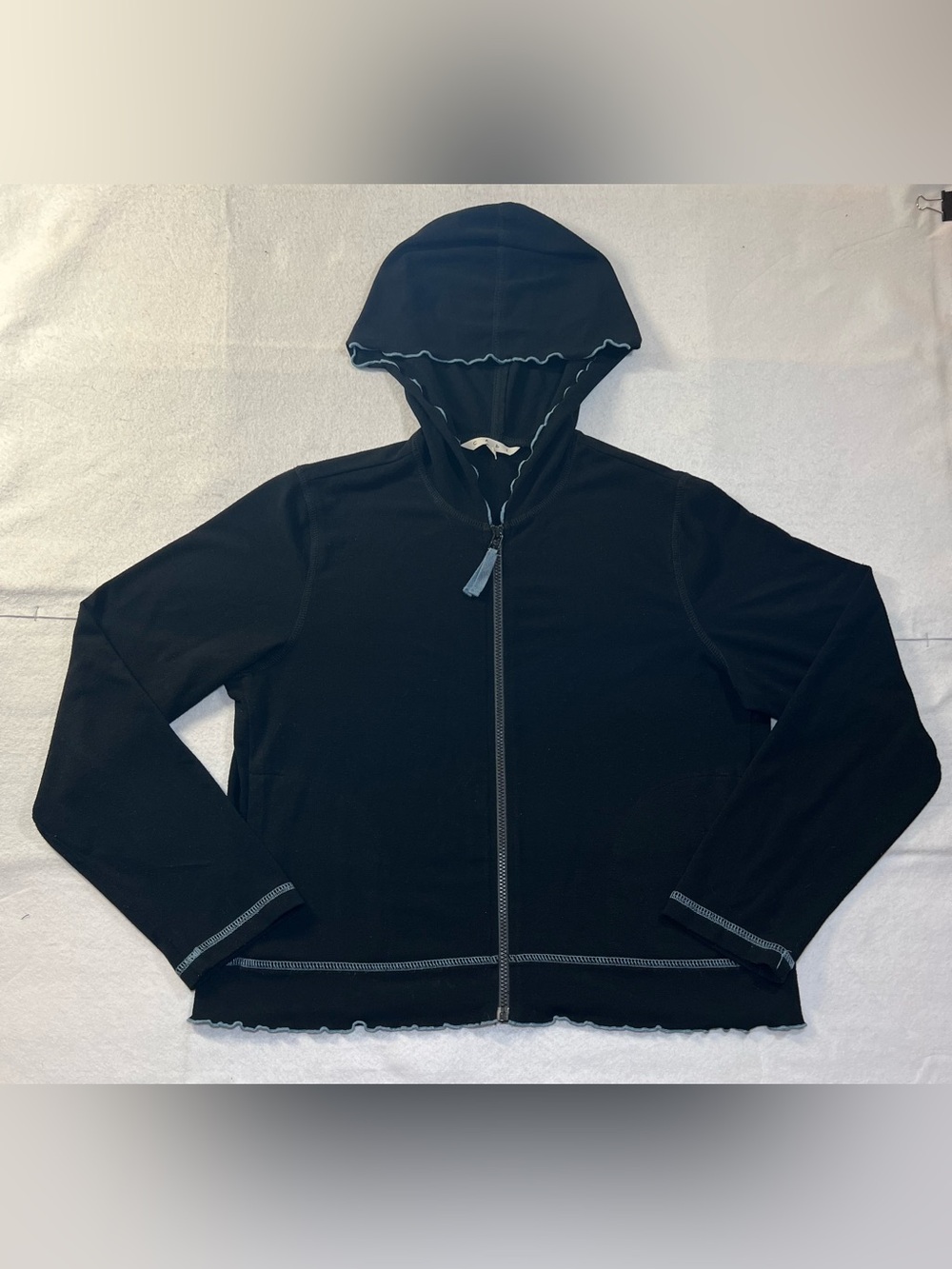 CAbI Women’s Full Zip Hooded Jacket Contrast Stitch Lettuce Trim, Black, Large
